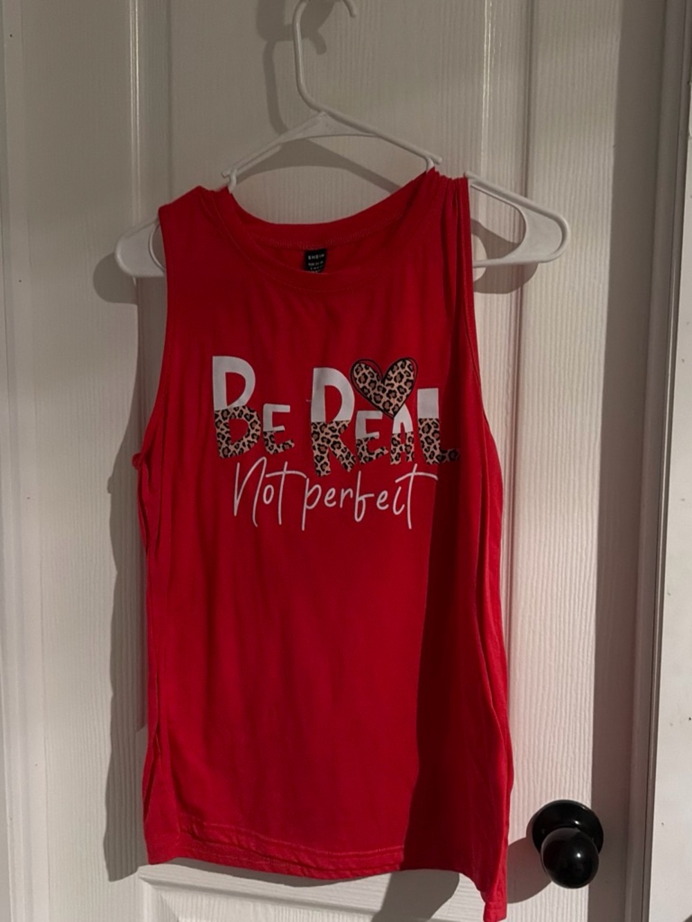 SHEIN Red "Be Real Not Perfect" Tank Top with Leopard Accent
